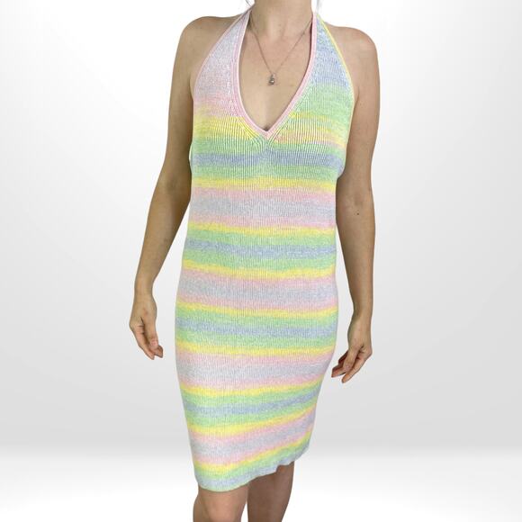 WHISKEY KISS Boutique Pastel Rainbow Knit Halter Bodycon Dress - Picture 2 of 9